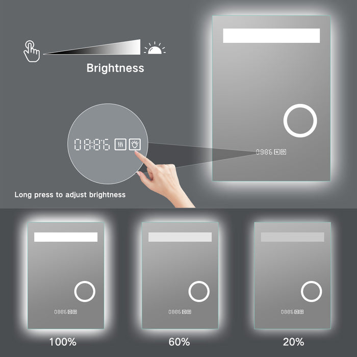 Magnifying smart LED bathroom mirror with time display and anti-fog