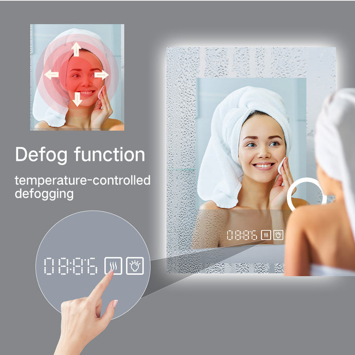 Magnifying smart LED bathroom mirror with time display and anti-fog