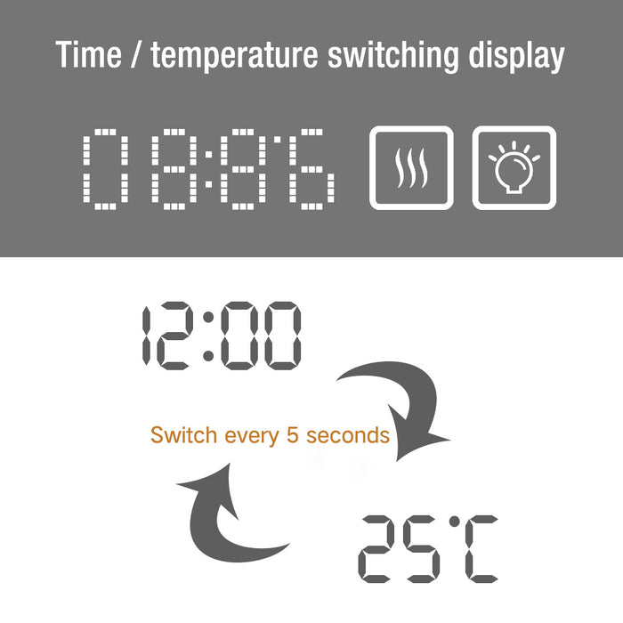 Magnifying smart LED bathroom mirror with time display and anti-fog