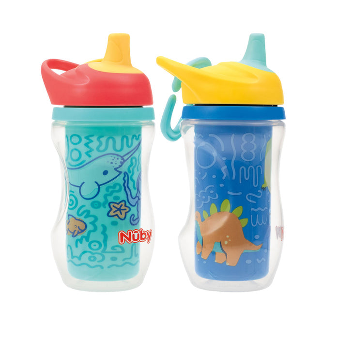 Nuby Active Sipper Insulated Cups in Aqua & Blue feature flip-up, bite-resistant spouts and vibrant lids. Leak-proof and decorated with sea animals and dinosaurs, these toddler cups keep drinks cool with their insulated design.