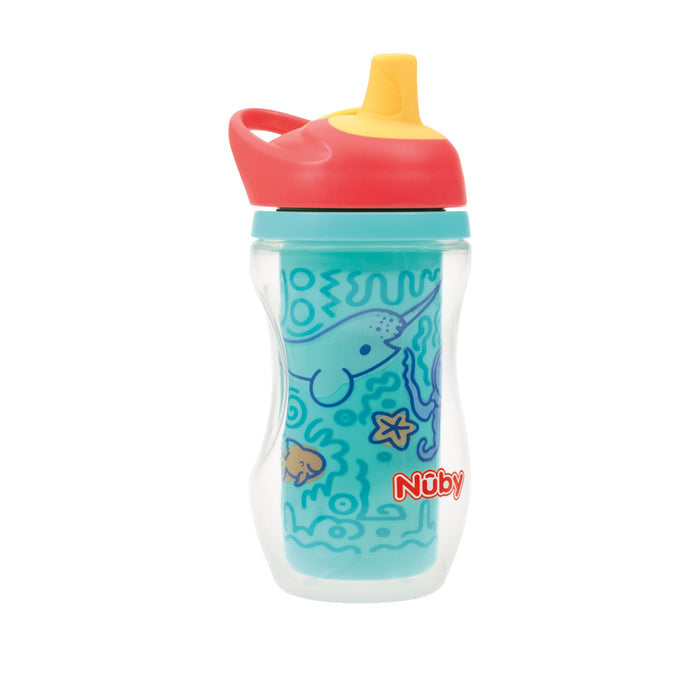 The Nuby Active Sipper Insulated Cup in Aqua & Blue features a red and yellow lid, playful marine animal designs like seals and starfish, and a bite-resistant spout perfect for your little one.