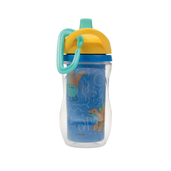 The Nuby Active Sipper Insulated Cup | Aqua & Blue is a leak-proof toddler cup with a yellow lid, turquoise handle and clip, dinosaur designs, and a bite-resistant spout.