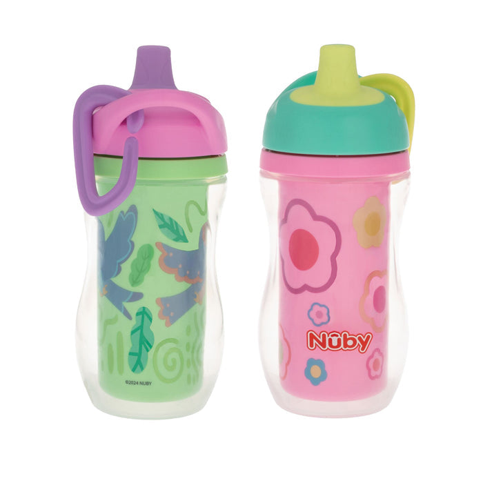 The Nuby Active Sipper Insulated Cup | Green & Pink set includes two spill-proof cups with handles: one green with a purple lid and animal prints, the other pink with a green lid and flower patterns—ideal for preventing messy leaks.