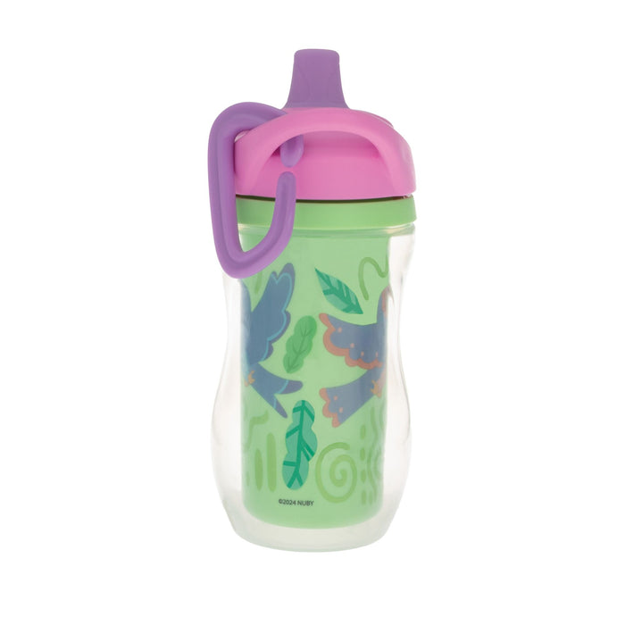 The Nuby Active Sipper Insulated Cup | Green & Pink features a green body, pink and purple lid with cute animal and plant designs, and a purple handle. This leak-proof, spill-proof cup is perfect for toddlers’ hands.