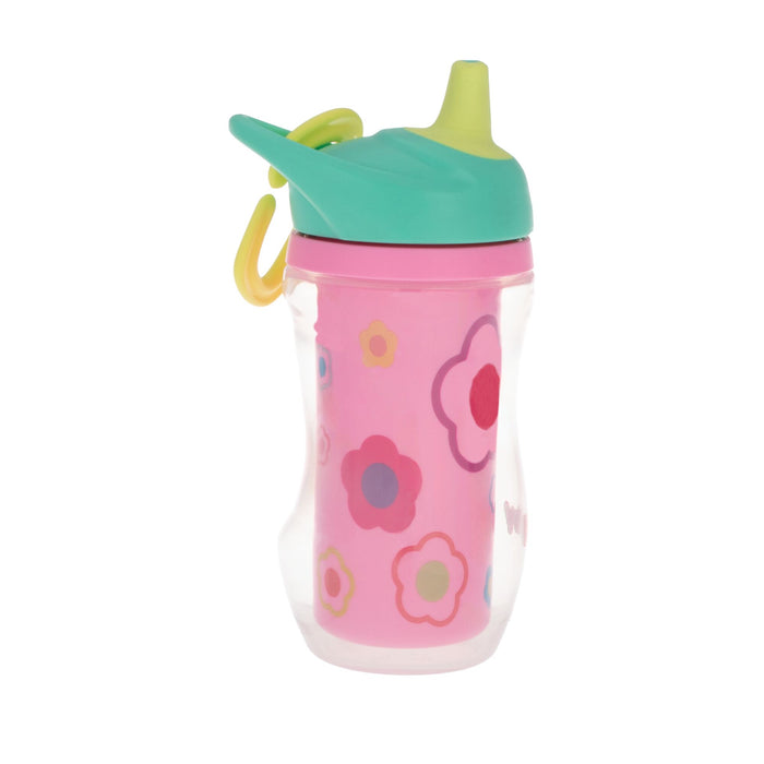 The Nuby Active Sipper Insulated Cup in green and pink features a spill-proof lid, turquoise spout, yellow side handle, and colorful flower patterns for a bright, kid-friendly look.