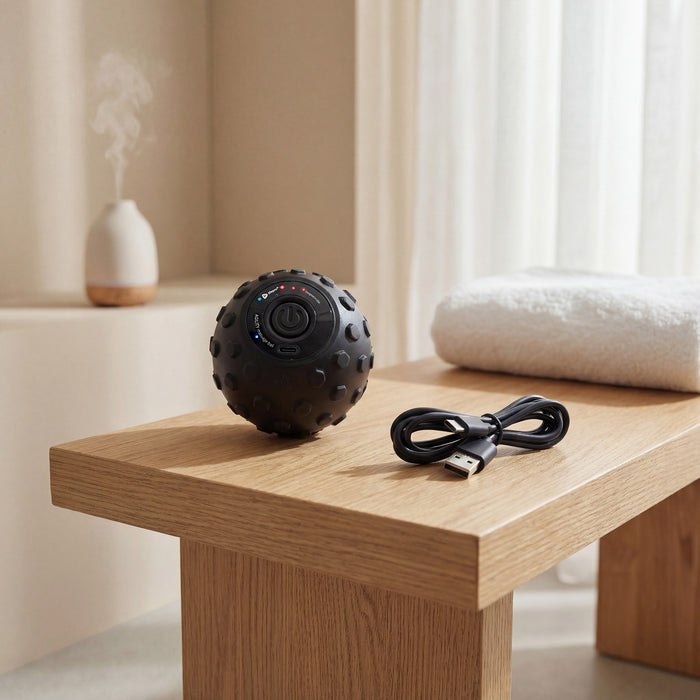 LifePro Agility massage ball and its USB charging cable resting on a wooden bench in a spa-like bathroom, with a rolled towel and an essential-oil diffuser in the background