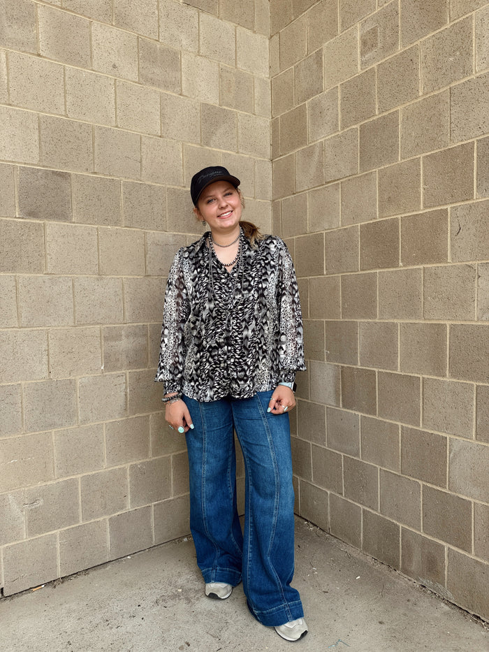 Animal Print Sheer Button Down Blouse