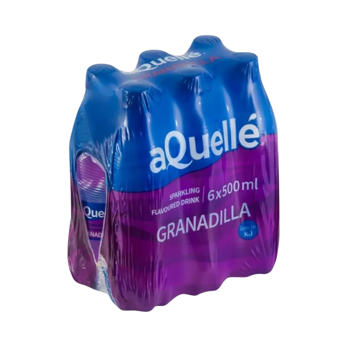 aQuellé Granadilla Flavoured Sparkling Water six-pack of 500ml bottles angled view