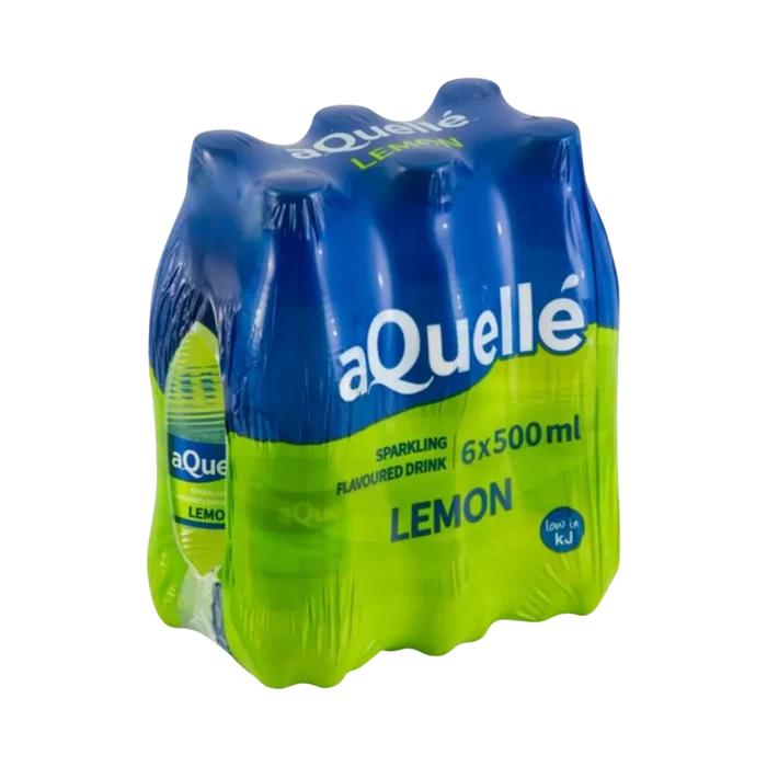 aQuellé Lemon Flavoured Sparkling Water six-pack of 500ml bottles angled view