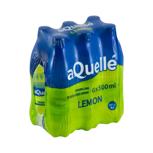 aQuellé Lemon Flavoured Sparkling Water six-pack of 500ml bottles angled view