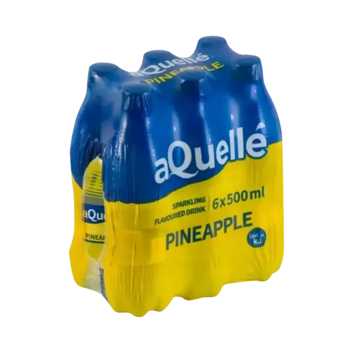 aQuellé Pineapple Flavoured Sparkling Water six-pack of 500ml bottles angled view