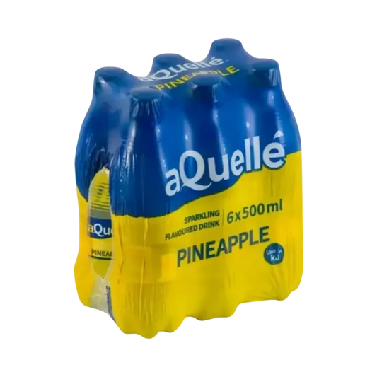 aQuellé Pineapple Flavoured Sparkling Water six-pack of 500ml bottles angled view