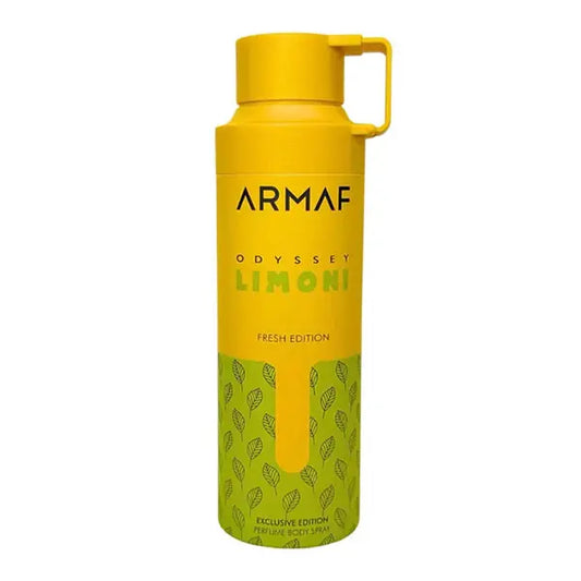Yellow and green bottle with 'Armaf Odyssey Limoni' branding on a white background