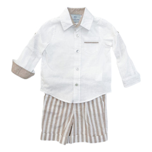 Ashton boys linen shirt and striped shorts set with mother of pearl buttons and adjustable waist. Perfect for special occasions or casual wear.