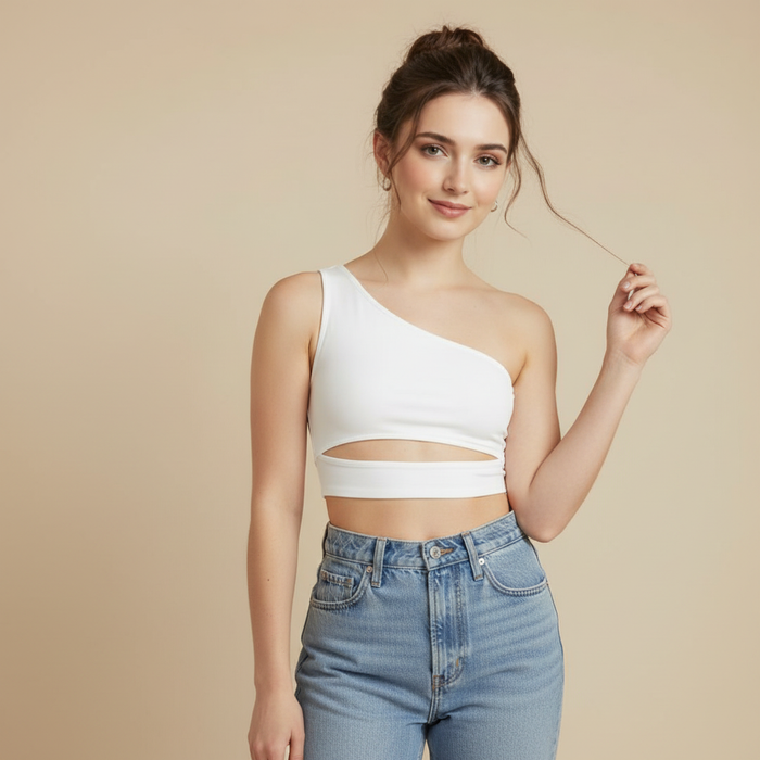 Asymmetric Ribbed One-Shoulder Top with Geometric Cut-Out