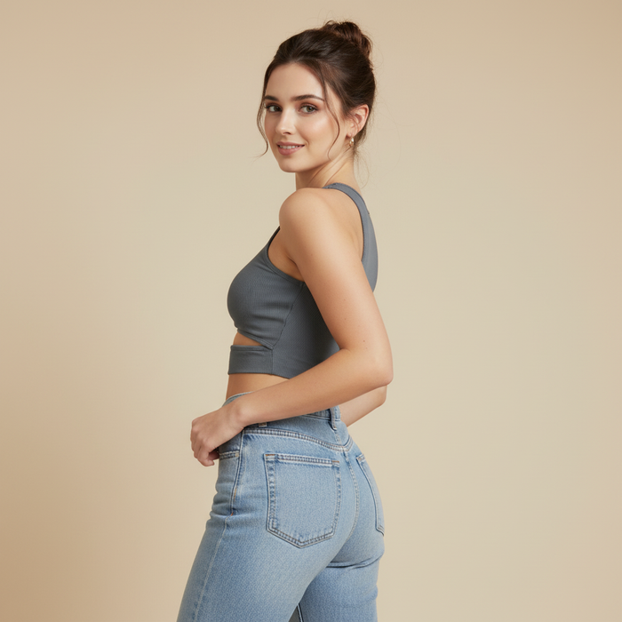 Asymmetric Ribbed One-Shoulder Top with Geometric Cut-Out