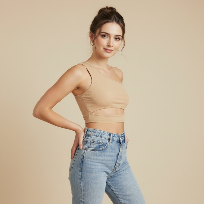 Asymmetric Ribbed One-Shoulder Top with Geometric Cut-Out