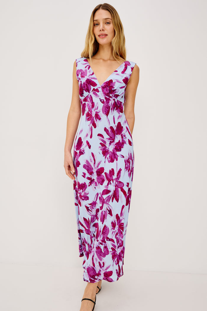 Audrina Sleeveless Midi Dress with Wide Shoulder Straps, a Deep V Neck and V-Back, and an Empire Waist in Blue Lily Colorway - full body front view on model