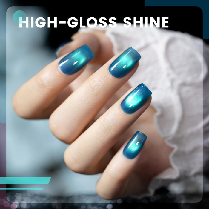 High-gloss shine aurora ceramic cat eye gel polish teal turquoise ceramic shimmer ocean jewel glow elegant