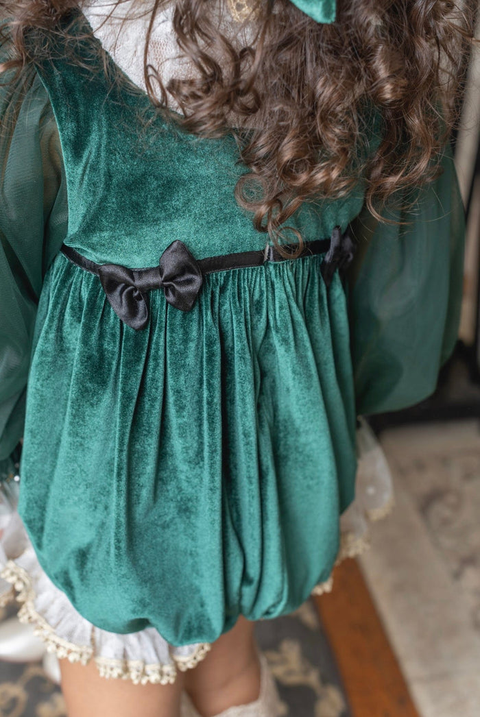 Aurora Royal Green Velour Romper - Petite Maison Kids