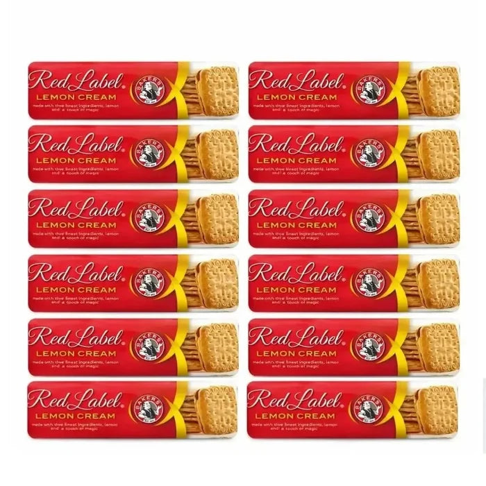 Pack of 12 Bakers Lemon Creams biscuits with vanilla and tangy lemon filling