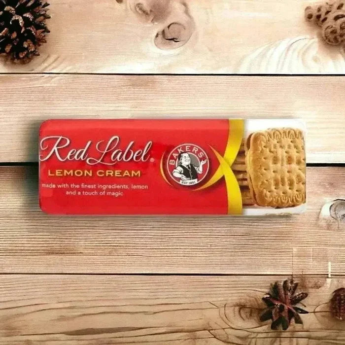 Bakers Red Label Lemon Creams 200g pack on a wooden table