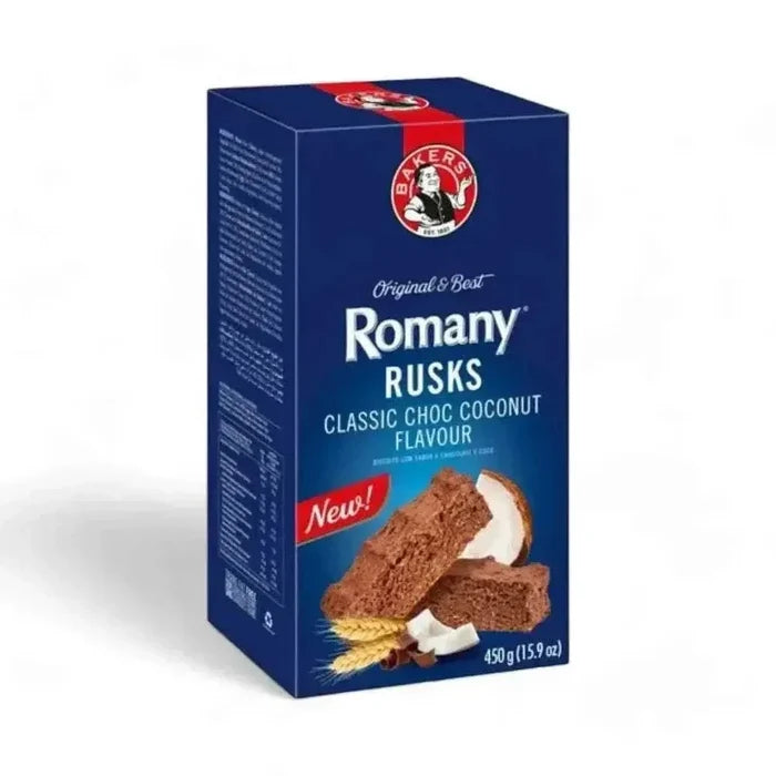 Bakers Romany Classic Choc Coconut Flavour Rusks 450g pack with chocolate and coconut cream filling