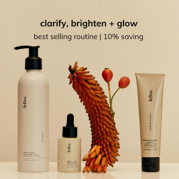 A collection of three skincare products from lelive. a jelly cleanser, brightening serum and peptide moisturiser including a tube key roller.