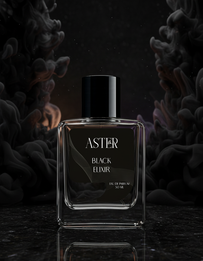Perfume bottle labeled 'Aster Black Elixir' on a dark background