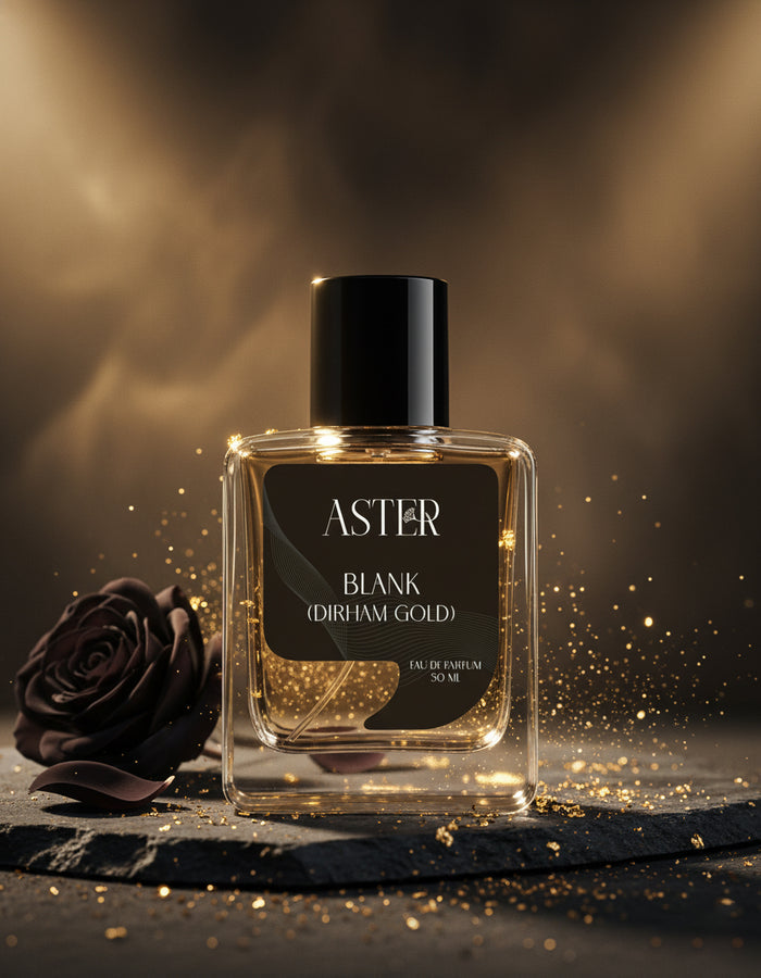 Aster perfume bottle with a black rose on a dark background