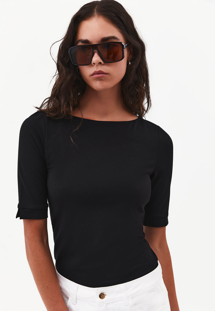 Boat Neck Half Sleeve Bodycon T-Shirt - BLACK
