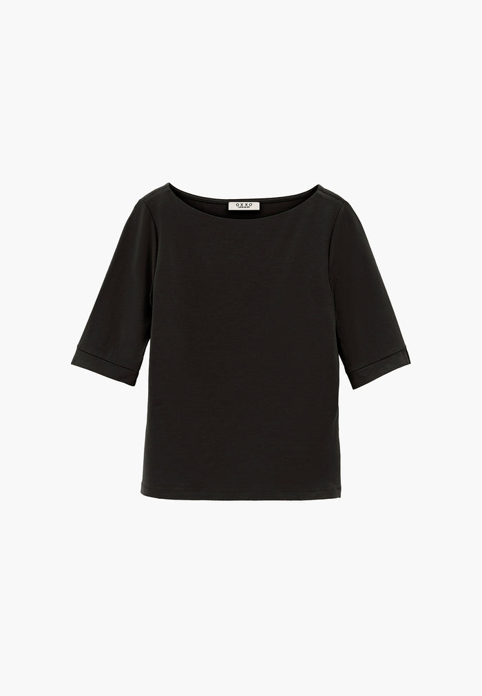 Boat Neck Half Sleeve Bodycon T-Shirt - BLACK