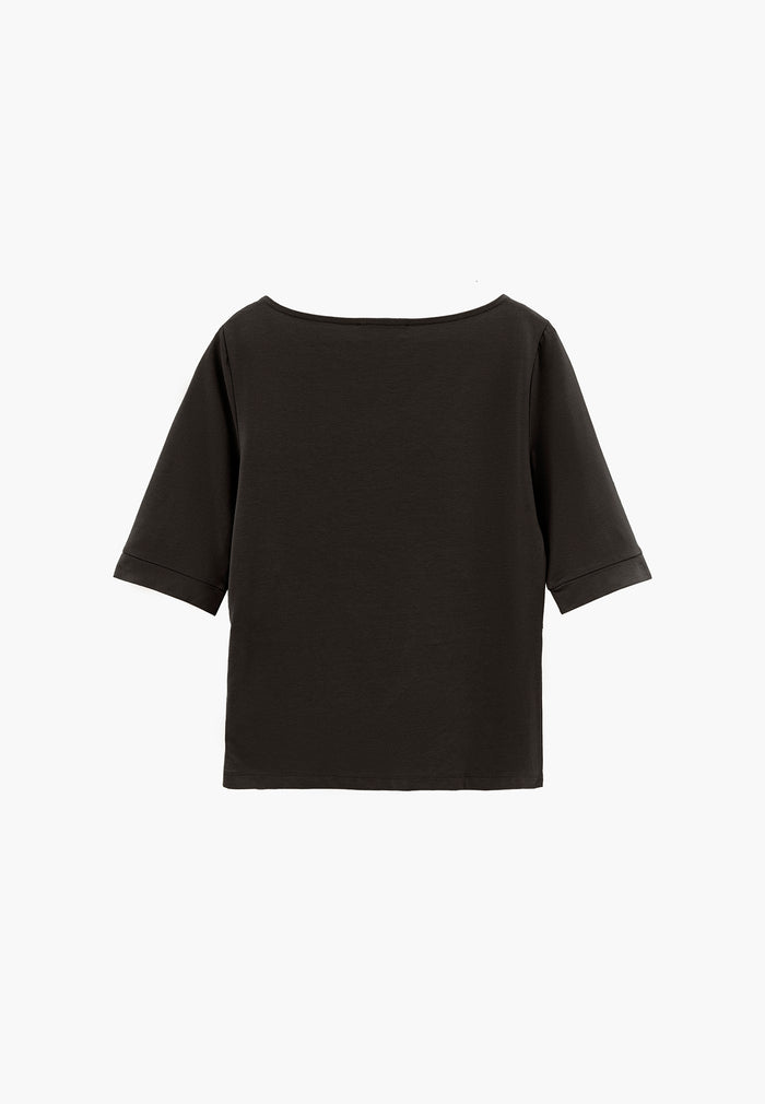 Boat Neck Half Sleeve Bodycon T-Shirt - BLACK