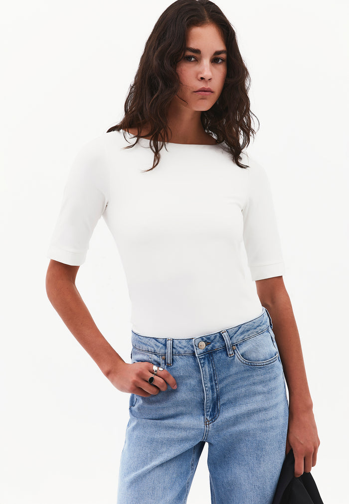 Boat Neck Half Sleeve Bodycon T-Shirt - ICE MILK
