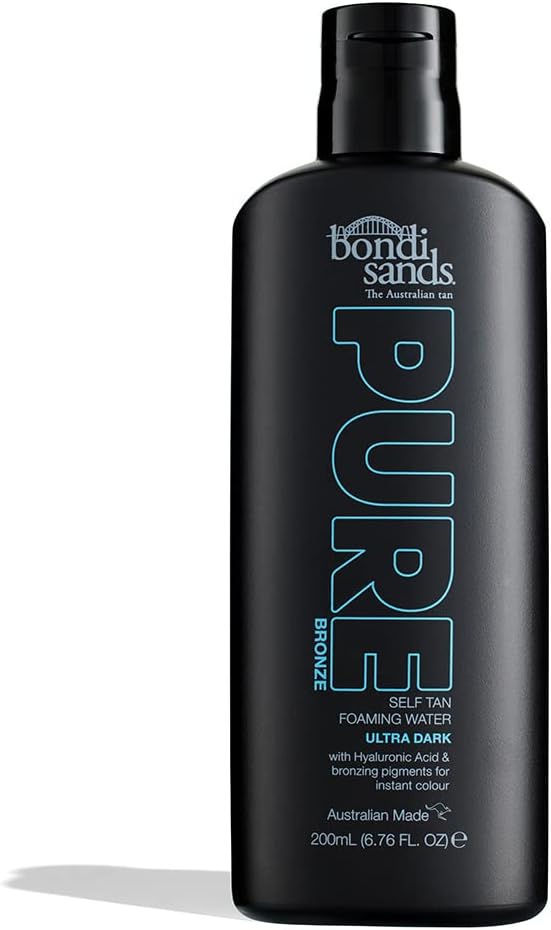 Bondi Sands Pure Bronze Self Tan Foaming Water Ultra Dark in 200ml bottle, tanning oil and lotion for deep, natural bronze glow.