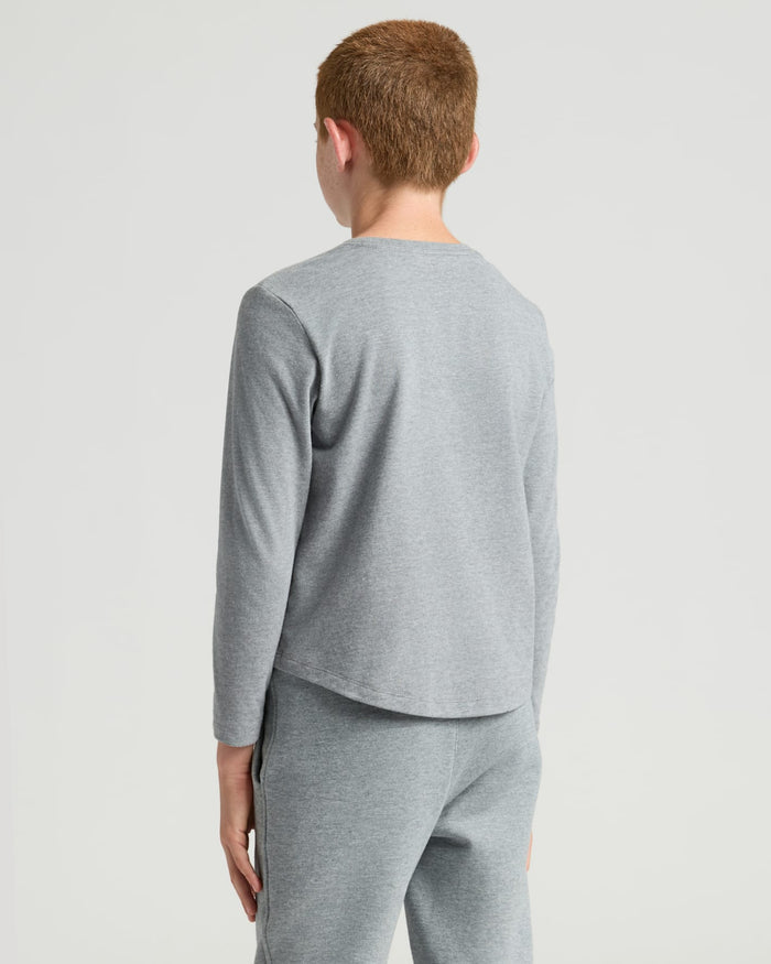 Boys' Heather Gray Classic Long Sleeve Crew Neck, rear view.