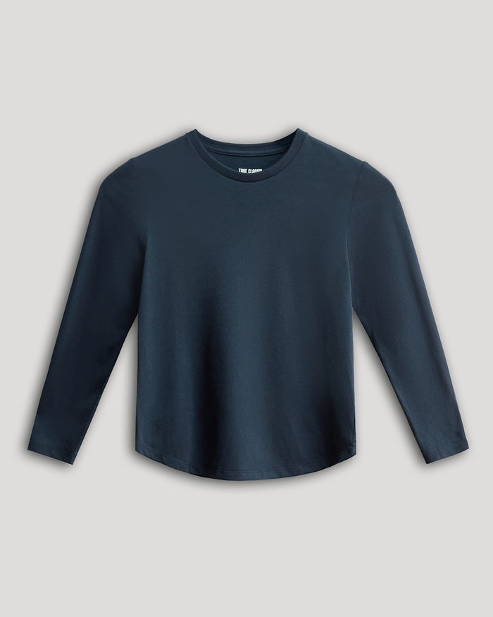Boys' Navy Classic Long Sleeve Curved Hem Crew laid flat.