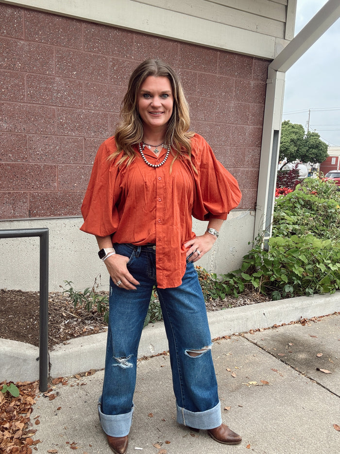 Brick Balloon Sleeve Textured Blouse