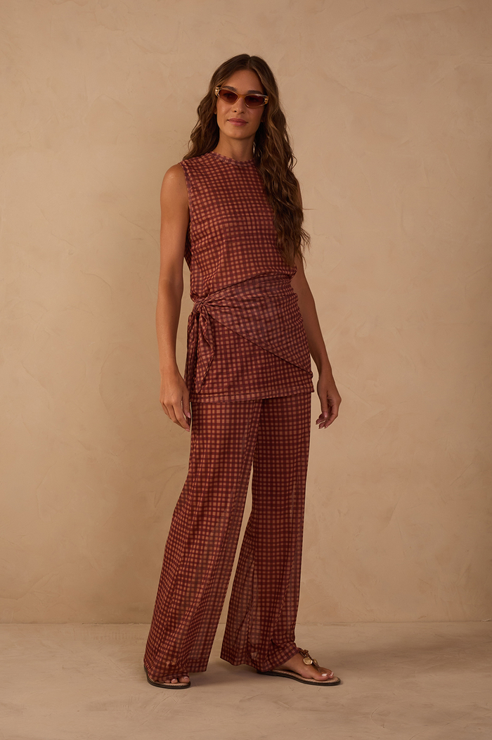 Brown Vichy Wide-Leg Tulle Pants_1