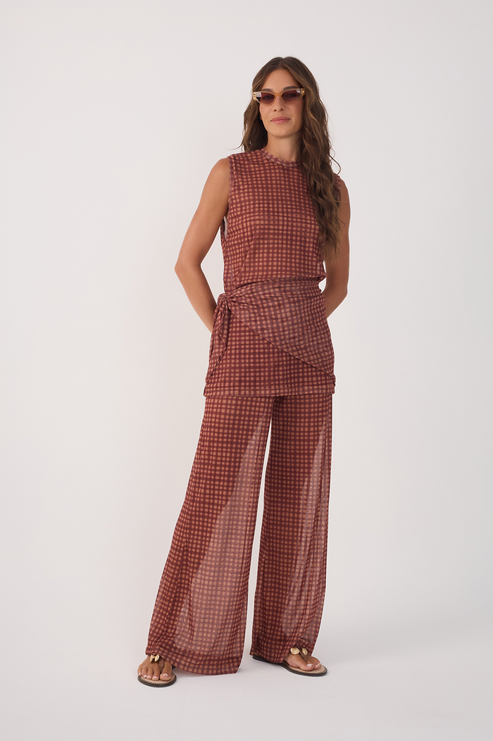 Brown Vichy Wide-Leg Tulle Pants_2
