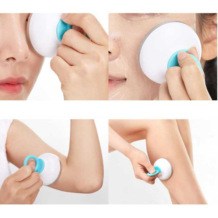 Person using the Calming Face Cooler | Leaders, a white and blue handheld skincare device, gently pressing it against the face, arm, and leg for soothing and cooling wellness care.