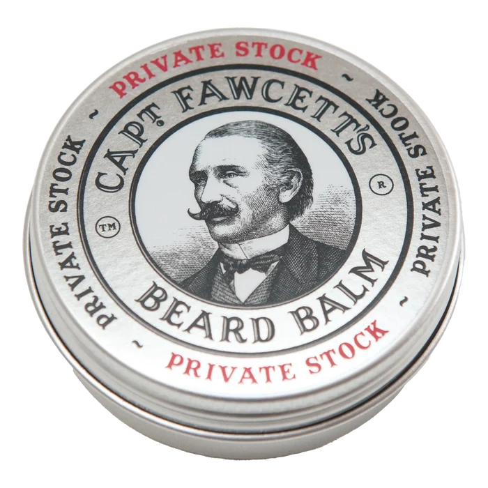 Lukket Captain Fawcett Private Stock skjeggpomade i sølvfarget metallboks med gravert portrett
