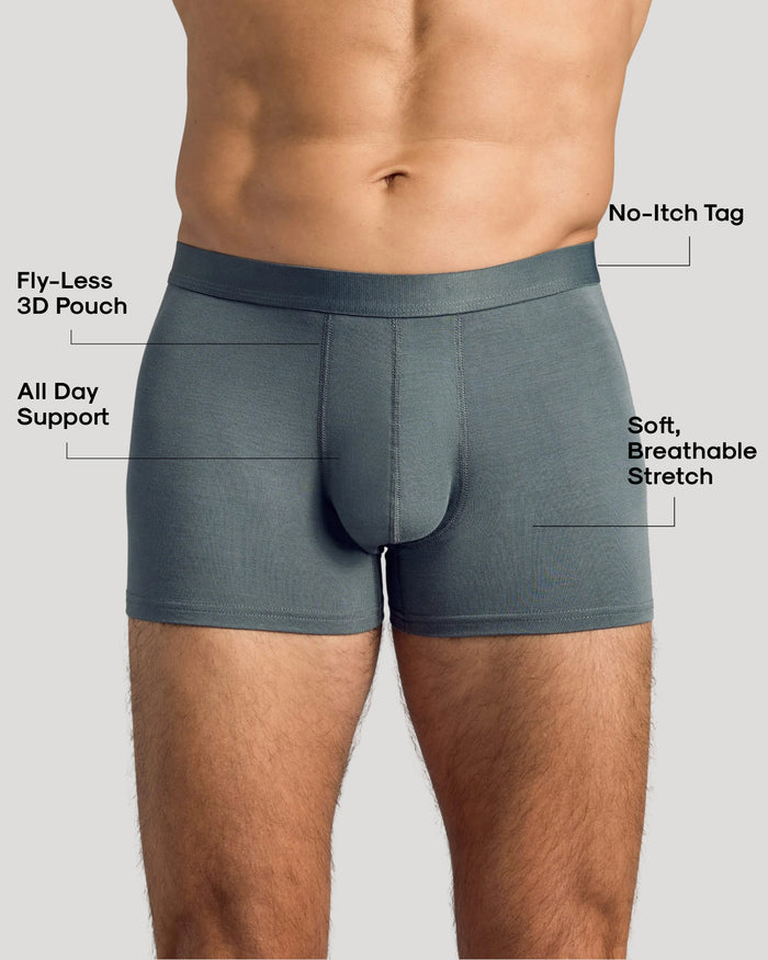 Man wearing Carbon Boxer Trunks 12-Pack with fly-less 3D pouch.