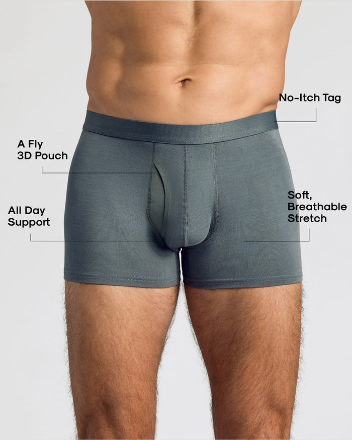 Carbon Boxer Trunks W/ Fly 12-Pack showcasing key comfort features.