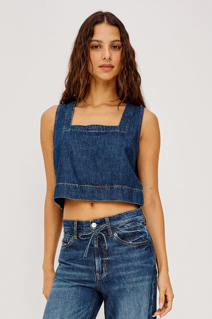 Carbon Crop Tank Top in TENCEL™Denim Blend With Square Neckline, Wide Shoulder Straps, and a Loose, Boxy Fit in Boondocks Colorway - Upper Body Front View Featured on Model