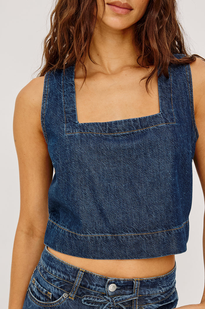 Carbon Crop Tank Top in TENCEL™Denim Blend With Square Neckline, Wide Shoulder Straps, and a Loose, Boxy Fit in Boondocks Colorway - Upper Body Front View Featured on Model