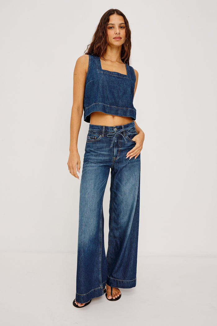Carbon Crop Tank Top in TENCEL™Denim Blend With Square Neckline, Wide Shoulder Straps, and a Loose, Boxy Fit in Boondocks Colorway - Full Body Front View Featured on Model