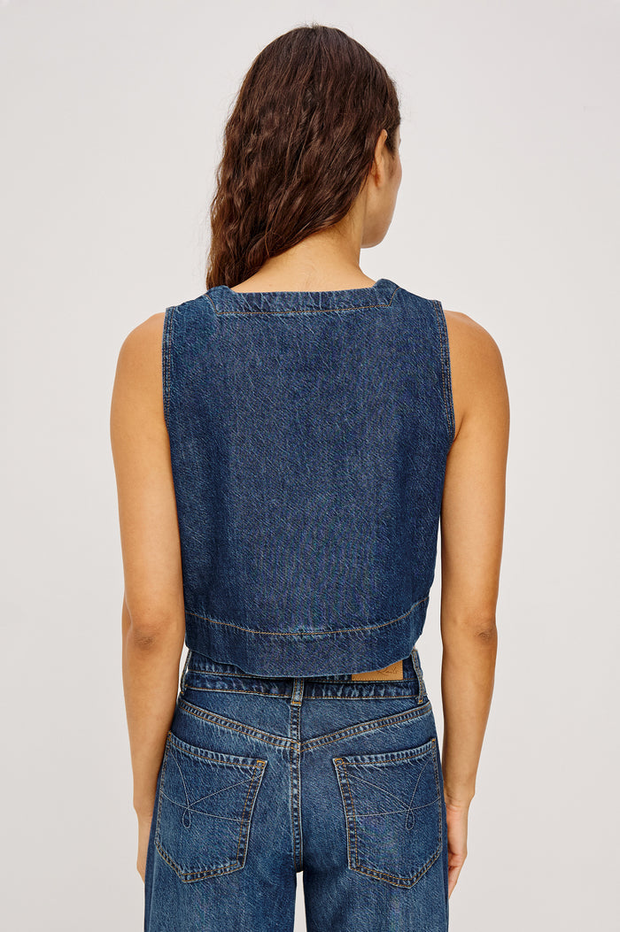 Carbon Crop Tank Top in TENCEL™Denim Blend With Square Neckline, Wide Shoulder Straps, and a Loose, Boxy Fit in Boondocks Colorway - Upper Body Back View Featured on Model