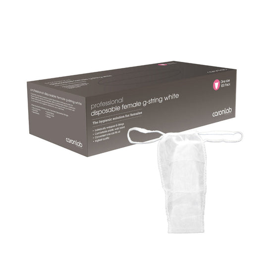 Disposable female g-string packaging with a white g-string on a white background