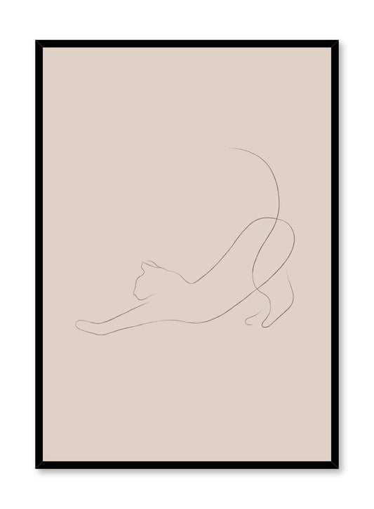 Modern minimalist poster by Opposite Wall with abstract illustration of stretching cat line art with beige background